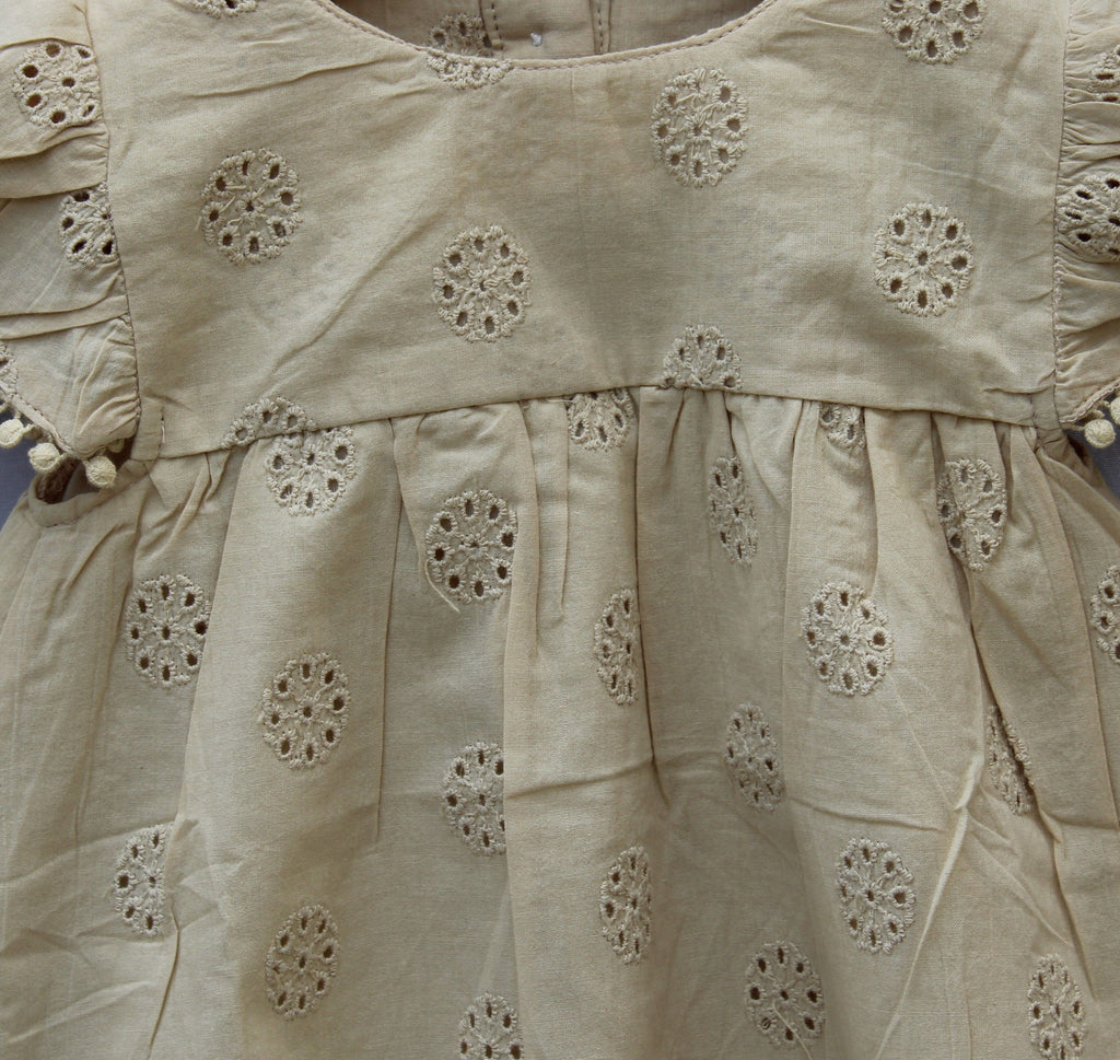 Beige Cotton Embroidered Baby Dress