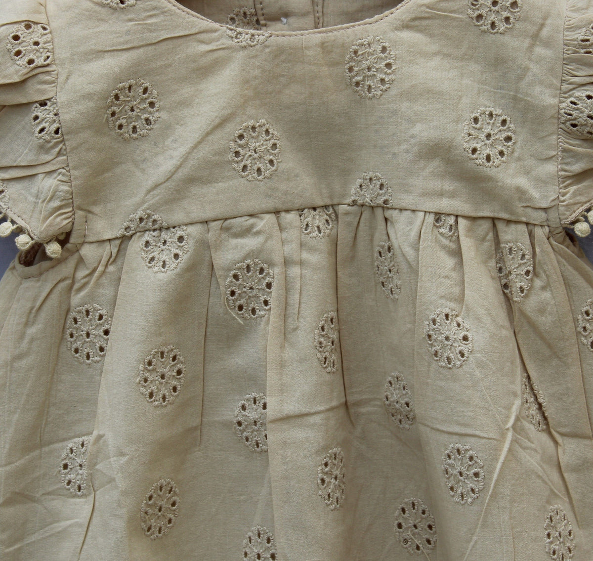 Beige Cotton Embroidered Baby Dress