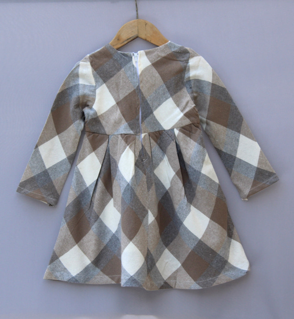 Brown & Beige Checked Winter Dress