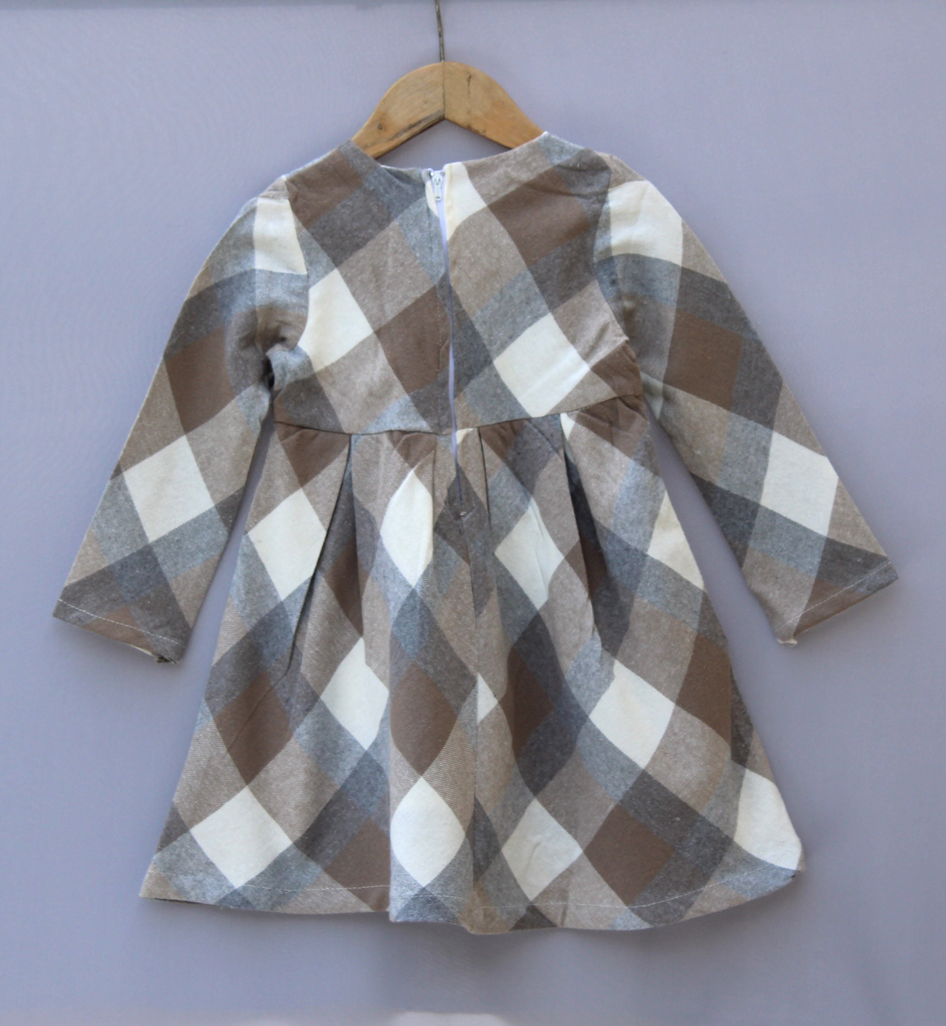 Brown & Beige Checked Winter Dress