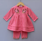 Peach Floral Embroidered Cotton Kurti & Pant Set for Girls