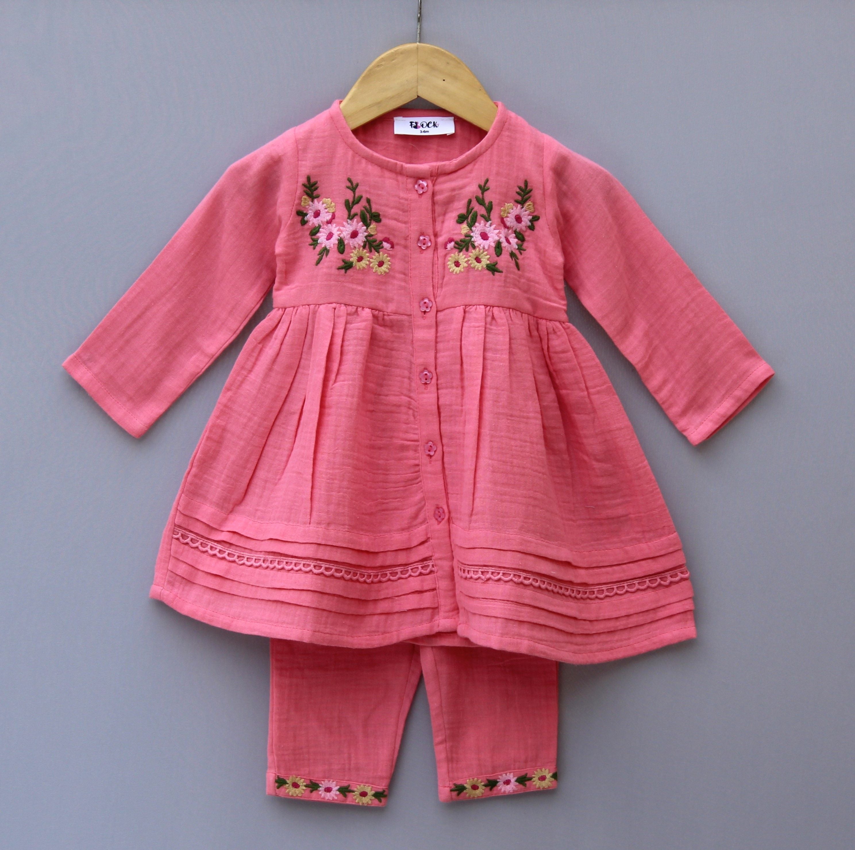 Peach Floral Embroidered Cotton Kurti & Pant Set for Girls