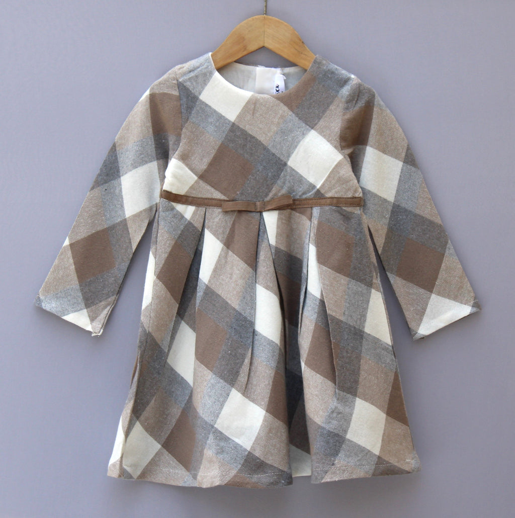 Brown & Beige Checked Winter Dress