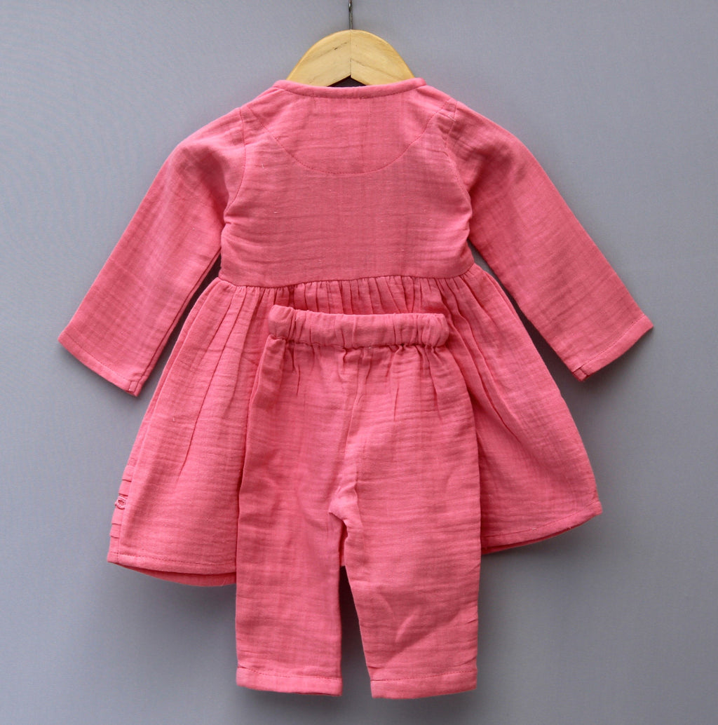 Peach Floral Embroidered Cotton Kurti & Pant Set for Girls