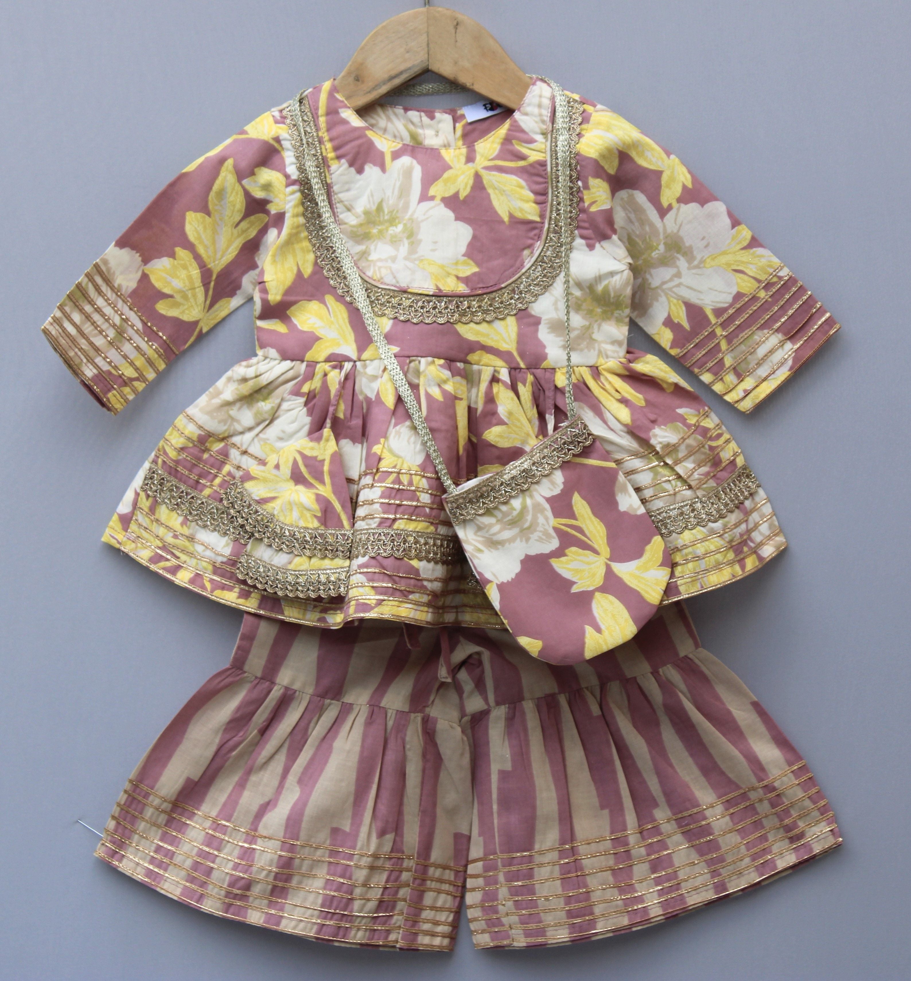 Floral Printed Ethnic Sharara Set with Potli Bag (months group)