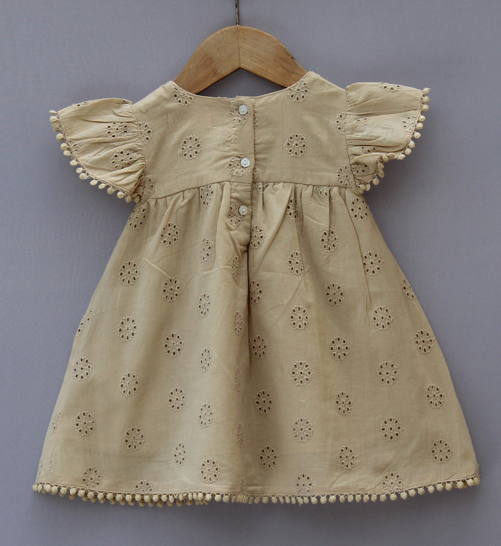 Beige Cotton Embroidered Baby Dress