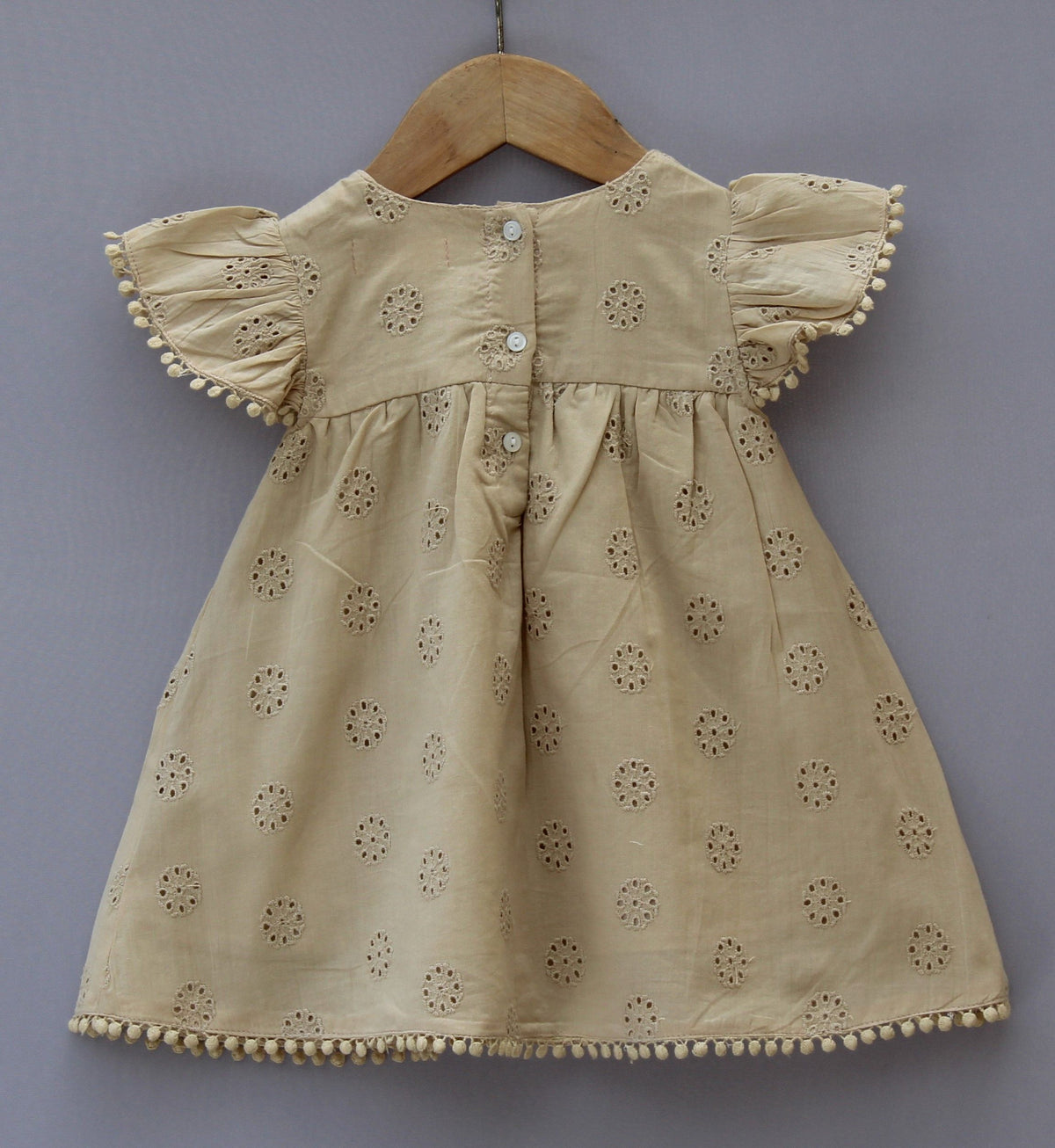 Beige Cotton Embroidered Baby Dress