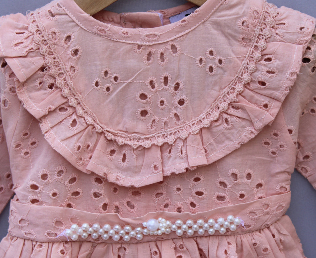 Peach Eyelet Embroidered Cotton Frock with Pearl Waist Belt