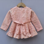 Peach Eyelet Embroidered Cotton Frock with Pearl Waist Belt