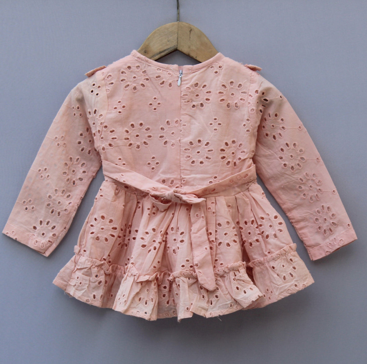 Peach Eyelet Embroidered Cotton Frock with Pearl Waist Belt