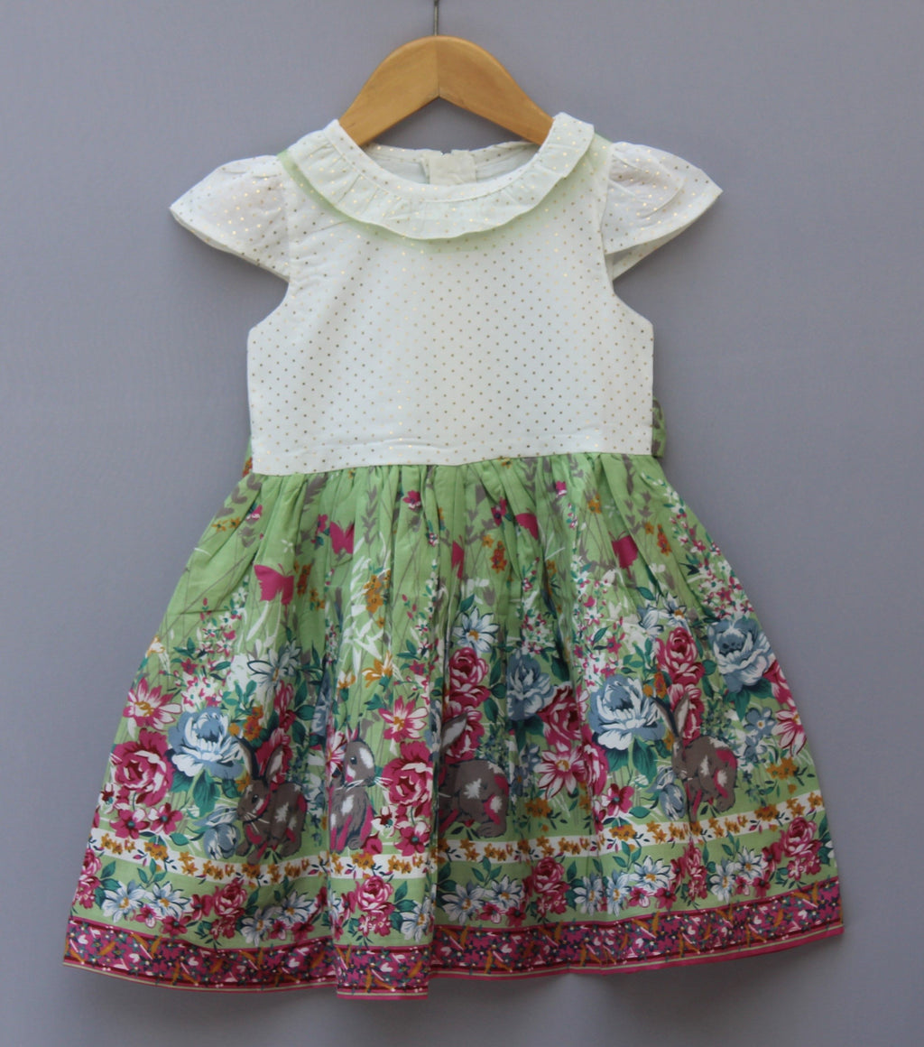 Green Floral Printed Party Dress for Baby Girl