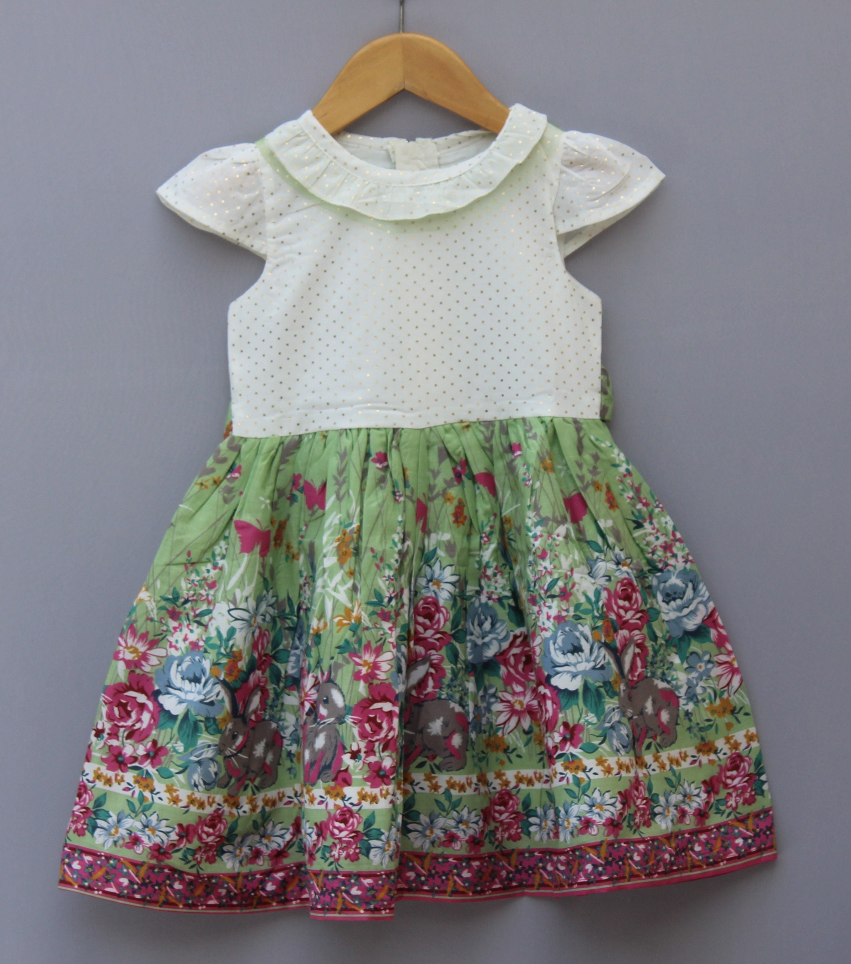 Green Floral Printed Party Dress for Baby Girl