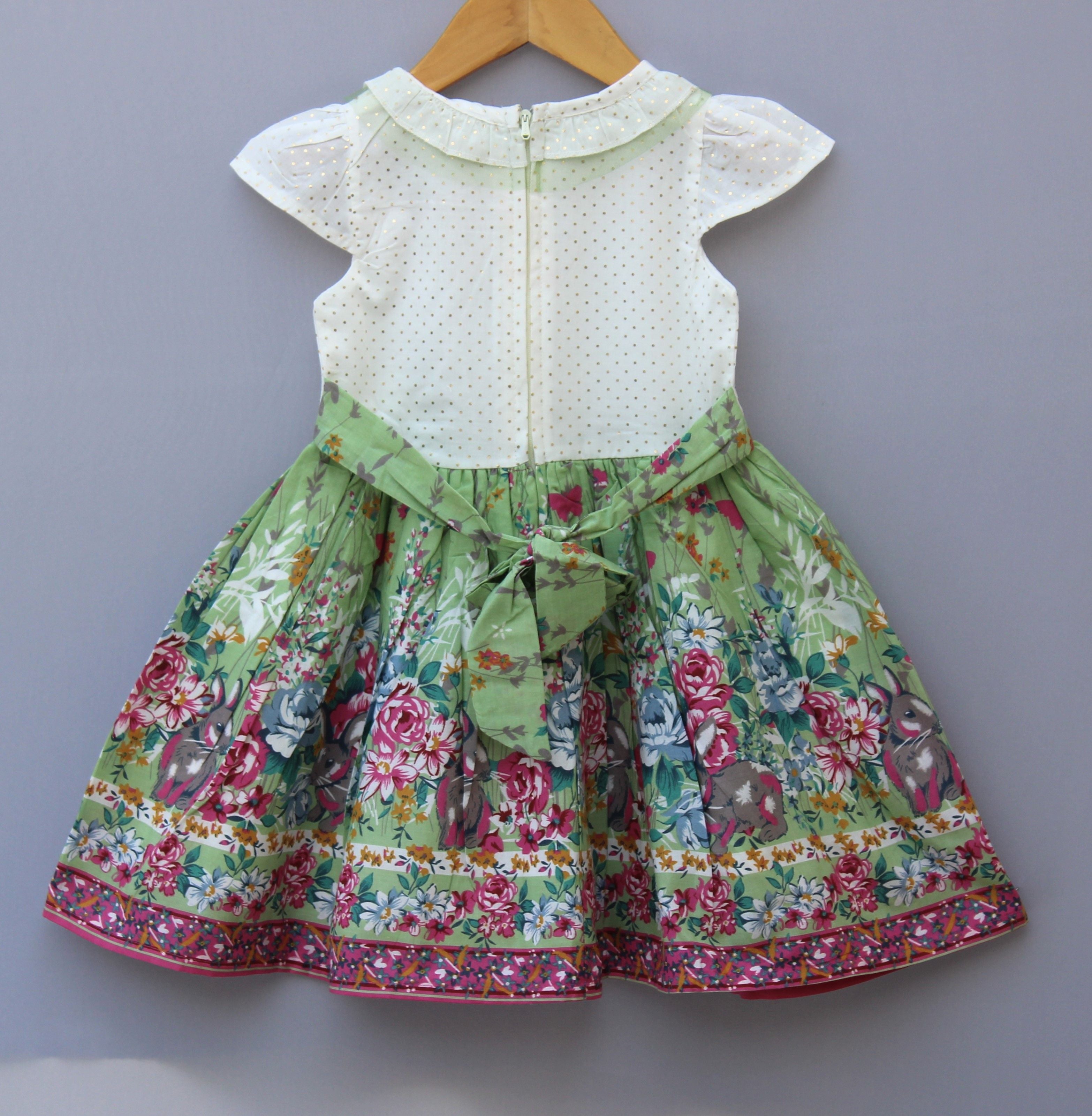 Green Floral Printed Party Dress for Baby Girl