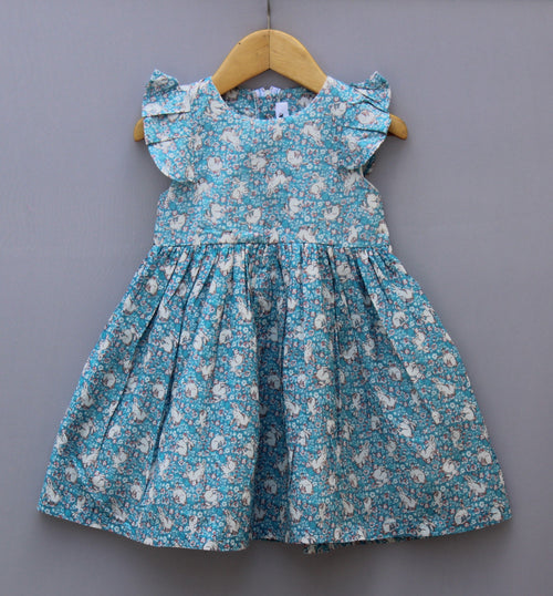 Blue Floral Printed Cotton Frock for Girls
