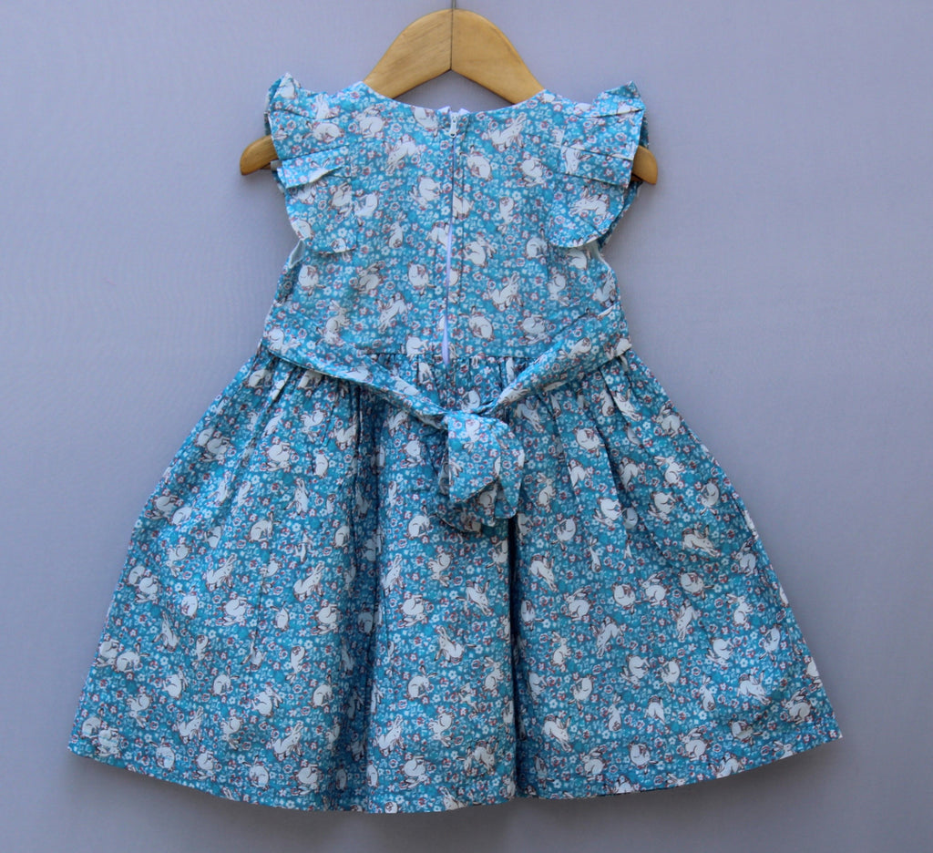 Blue Floral Printed Cotton Frock for Girls