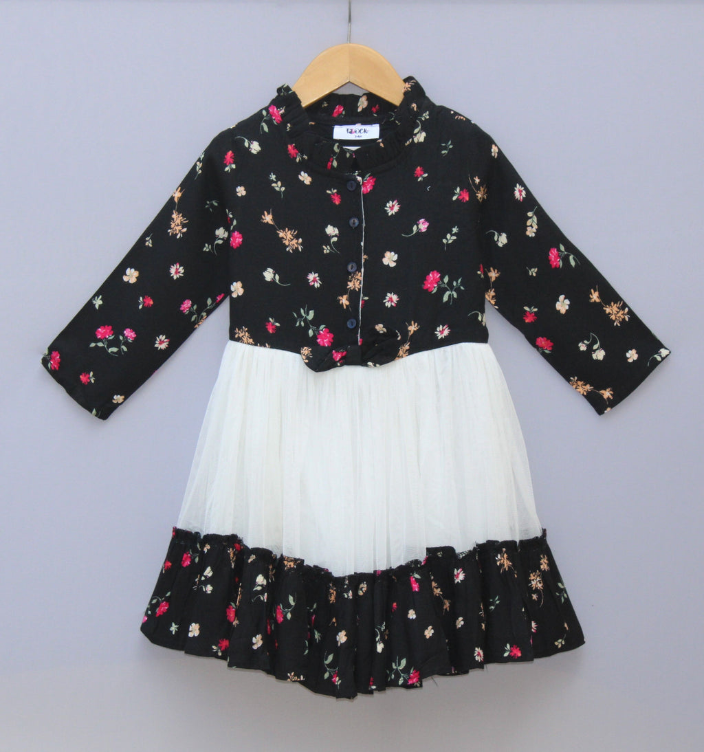 Black Floral & White Layered Party Frock for Girls