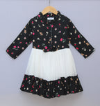 Black Floral & White Layered Party Frock for Girls