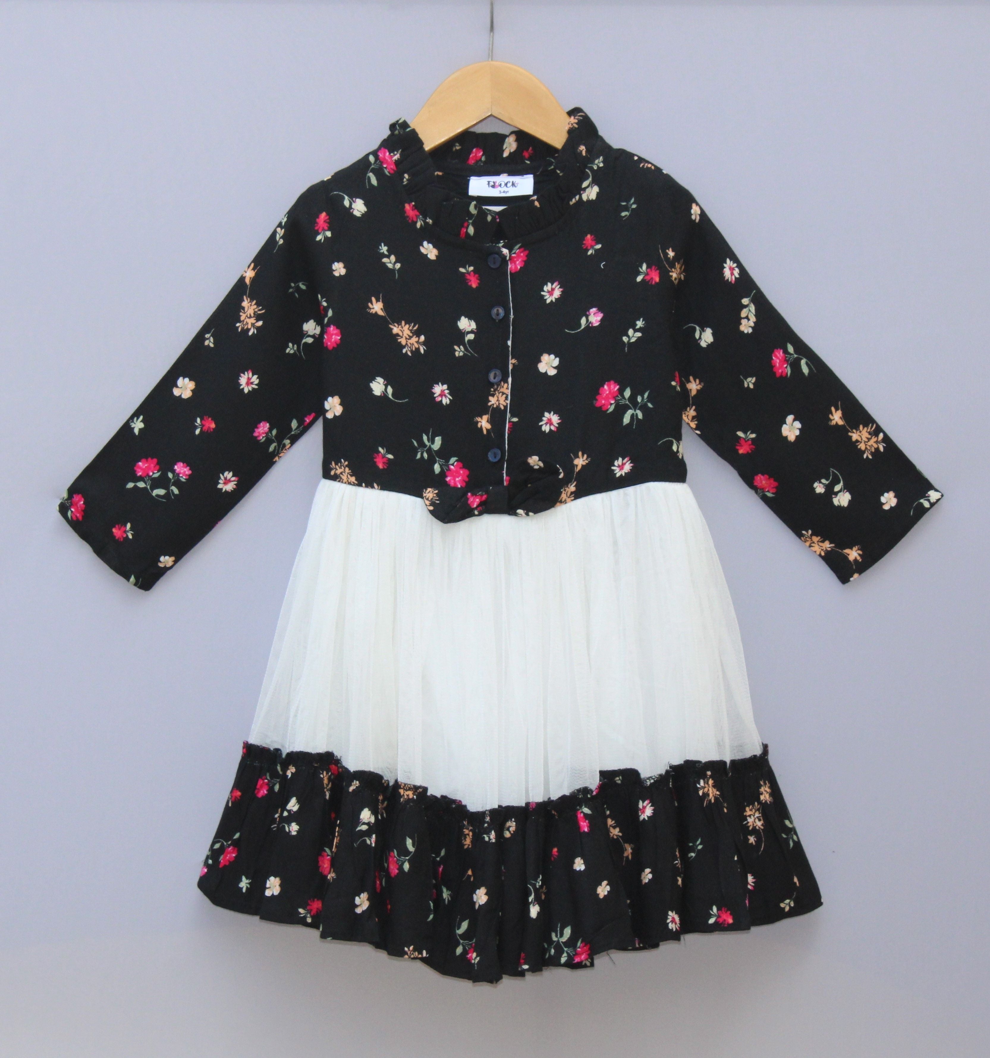 Black Floral & White Layered Party Frock for Girls