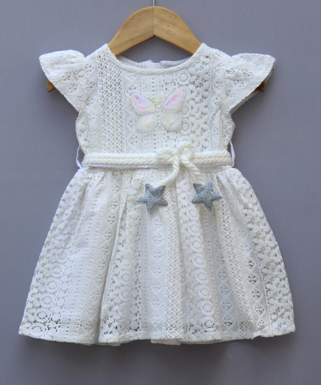 White cream Lace Party Wear Frock for Girls | Elegant Butterfly & Star Design