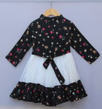 Black Floral & White Layered Party Frock for Girls