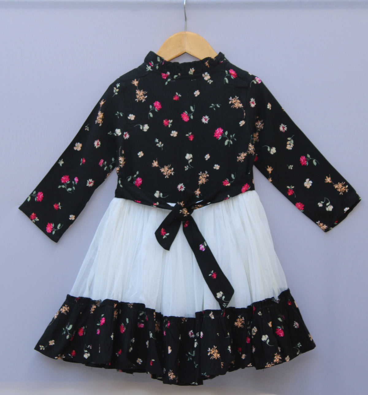 Black Floral & White Layered Party Frock for Girls