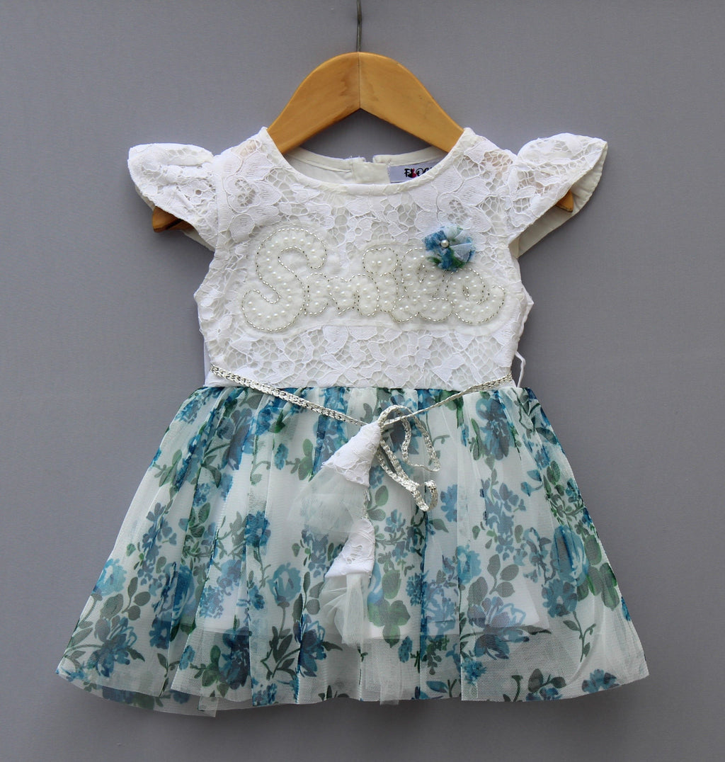 ​White & Blue Floral Lace Party Frock for Girls