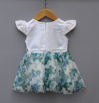 ​White & Blue Floral Lace Party Frock for Girls