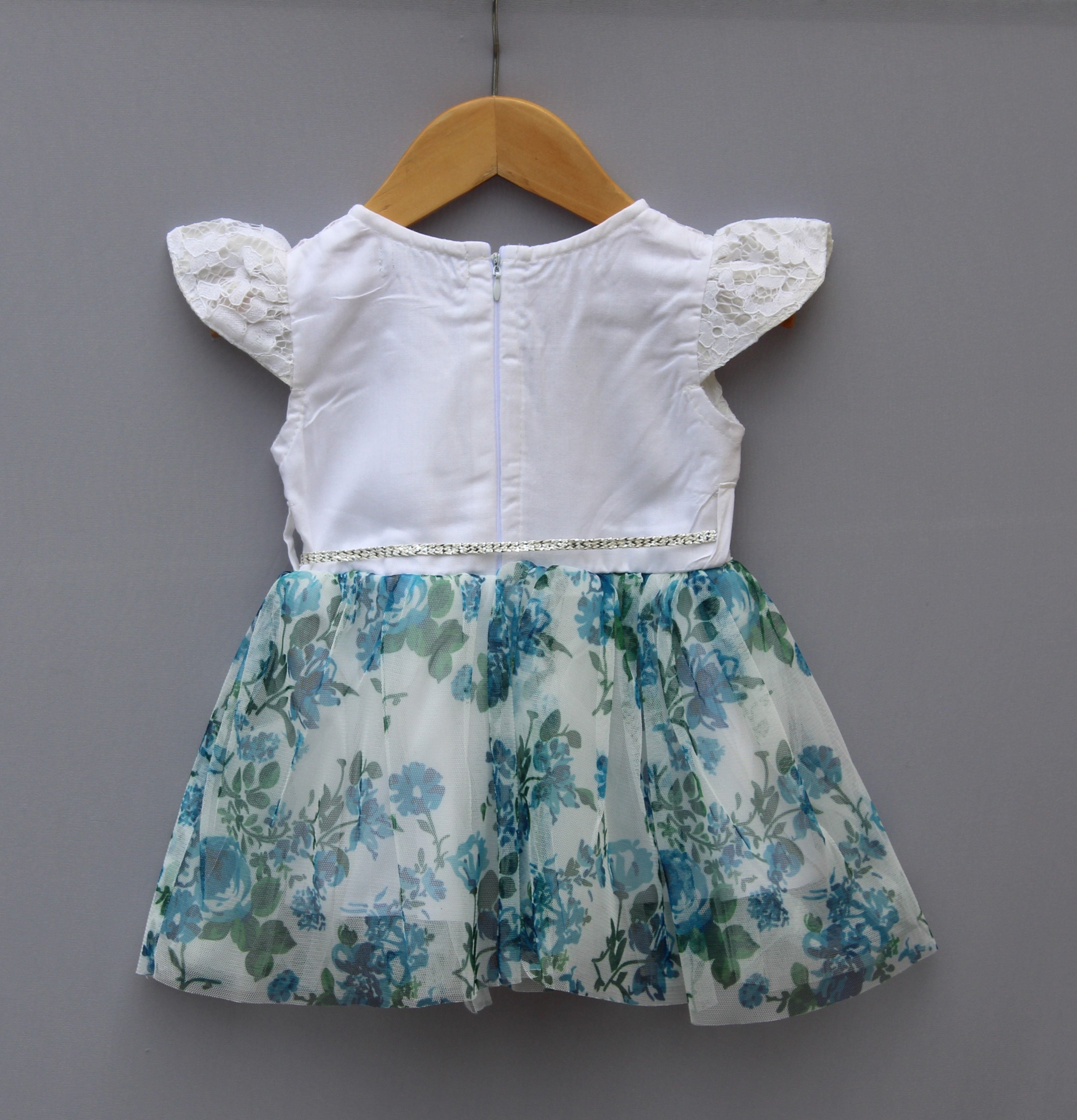 ​White & Blue Floral Lace Party Frock for Girls
