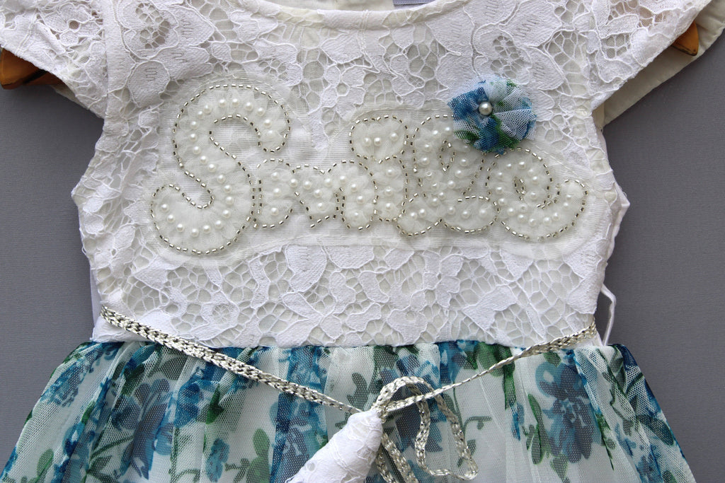 ​White & Blue Floral Lace Party Frock for Girls