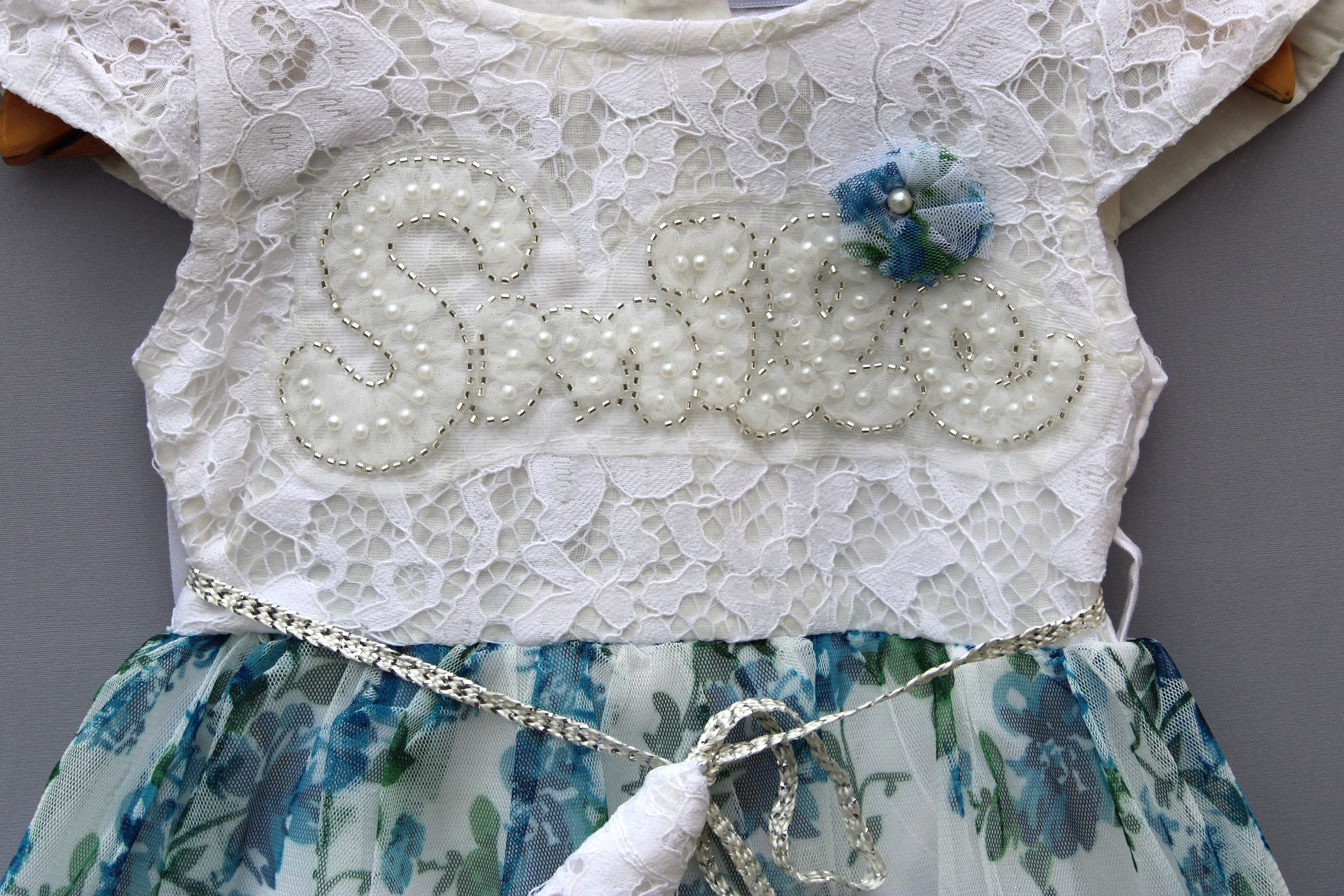 ​White & Blue Floral Lace Party Frock for Girls