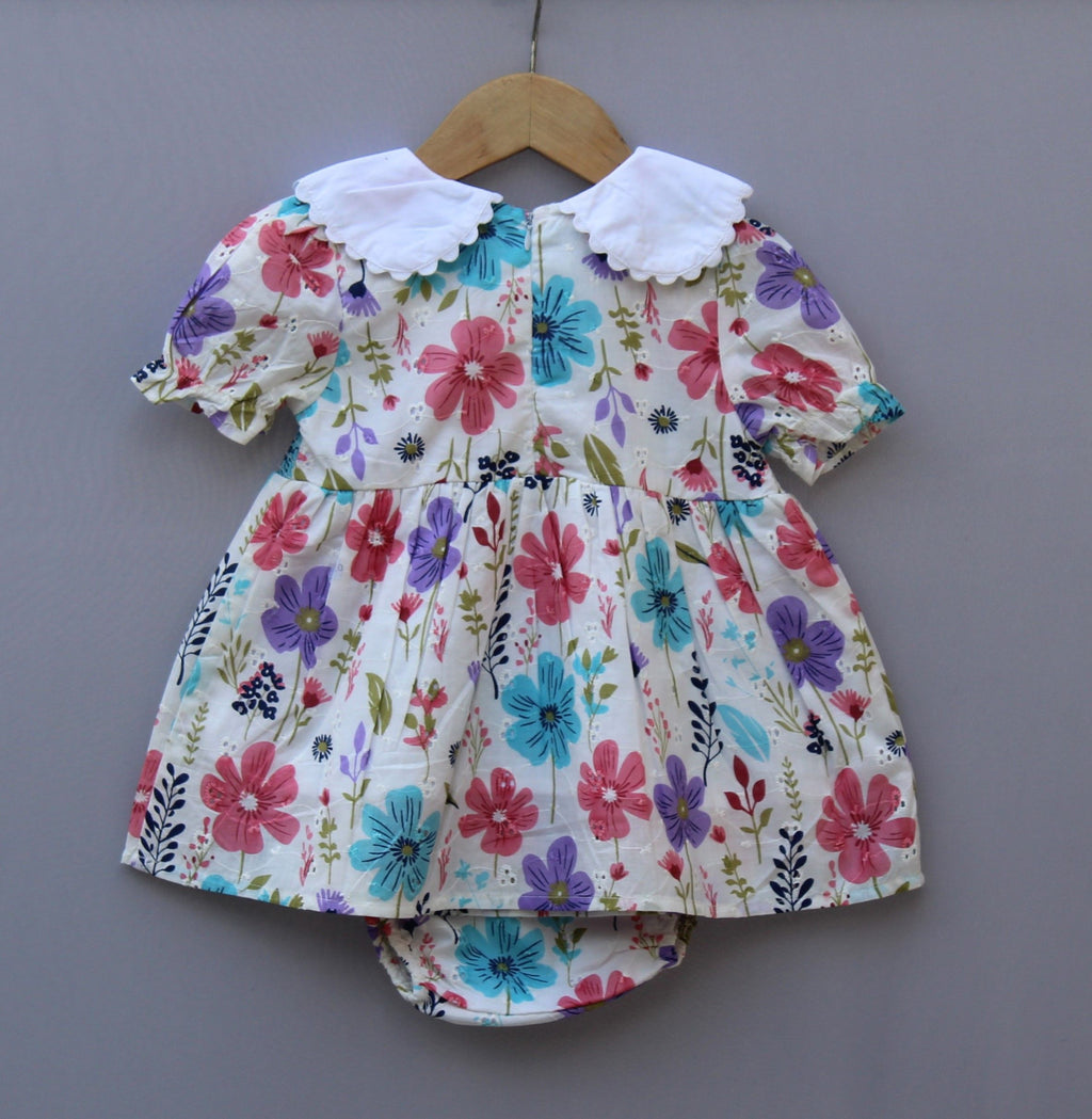 Floral Printed Cotton Frock with Embroidered Collar
