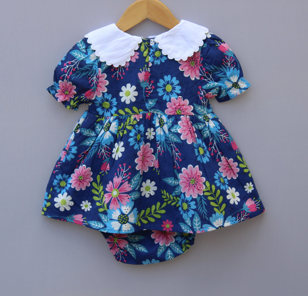 Navy Blue Floral Printed Cotton Baby Frock with Embroidered Collar