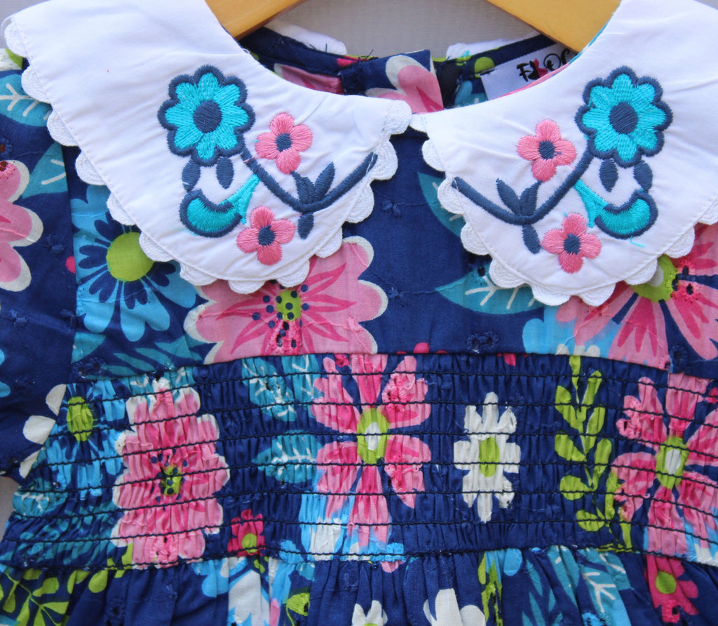 Navy Blue Floral Printed Cotton Baby Frock with Embroidered Collar