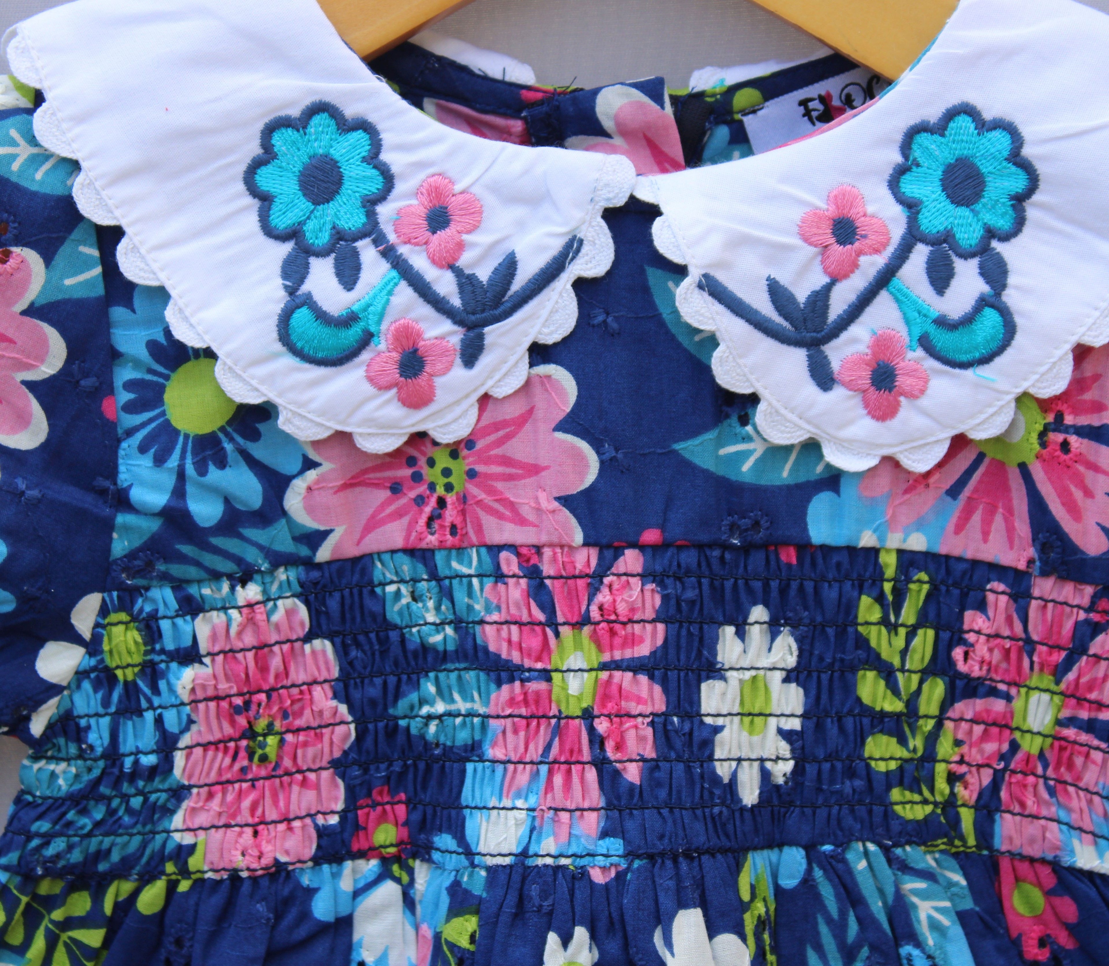 Navy Blue Floral Printed Cotton Baby Frock with Embroidered Collar