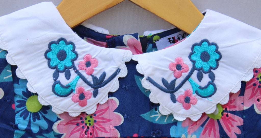 Navy Blue Floral Printed Cotton Baby Frock with Embroidered Collar