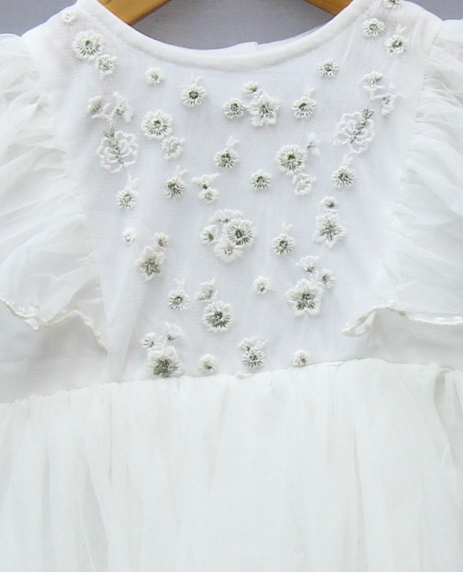 White Layered Net Party Frock for Girls – Floral Embroidered Design