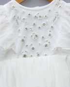 White Layered Net Party Frock for Girls – Floral Embroidered Design