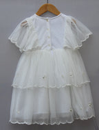 White Layered Net Party Frock for Girls – Floral Embroidered Design