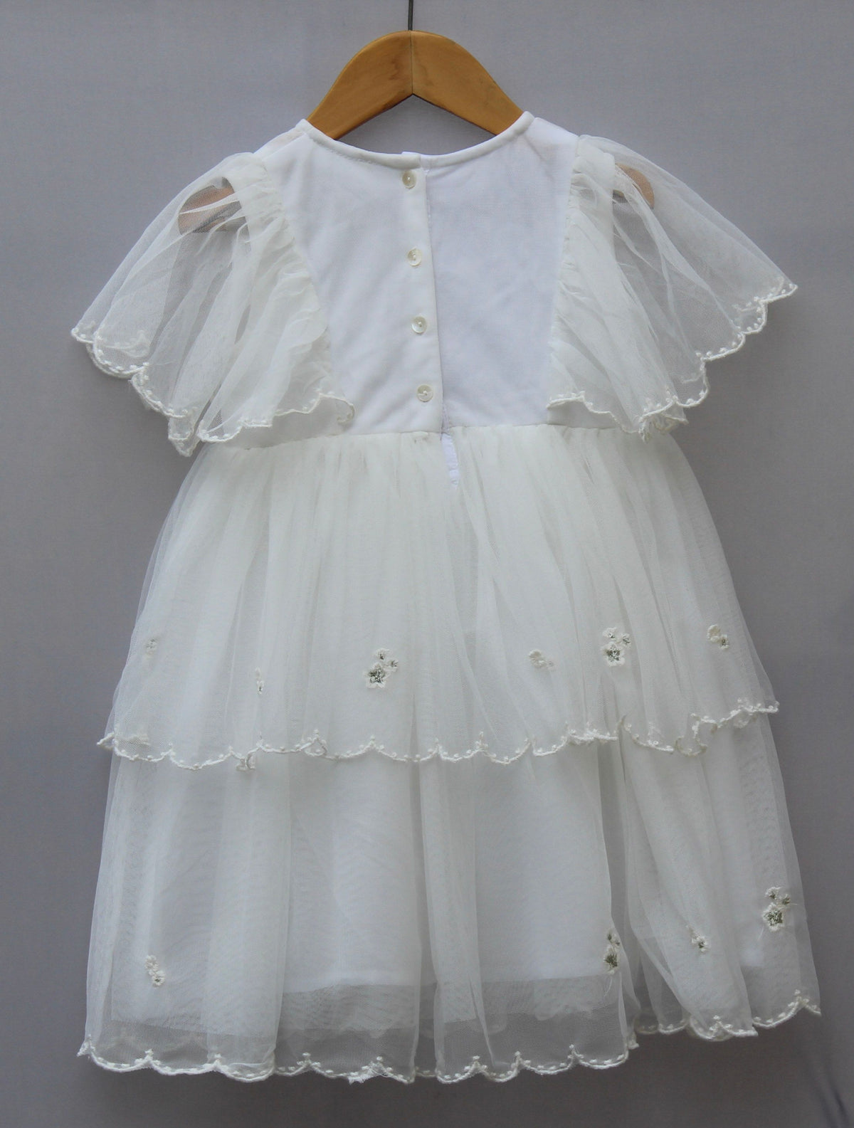 White Layered Net Party Frock for Girls – Floral Embroidered Design