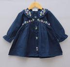 Navy Blue Cotton Frock with Floral Embroidery & Ruffled Collar