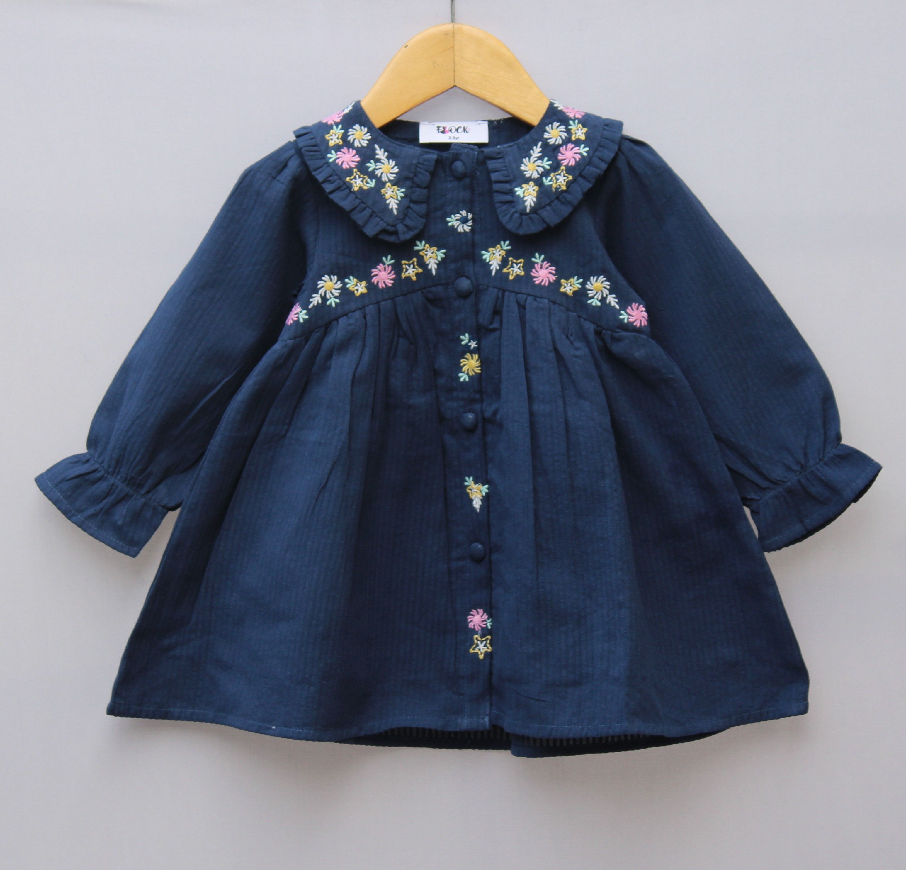 Navy Blue Cotton Frock with Floral Embroidery & Ruffled Collar