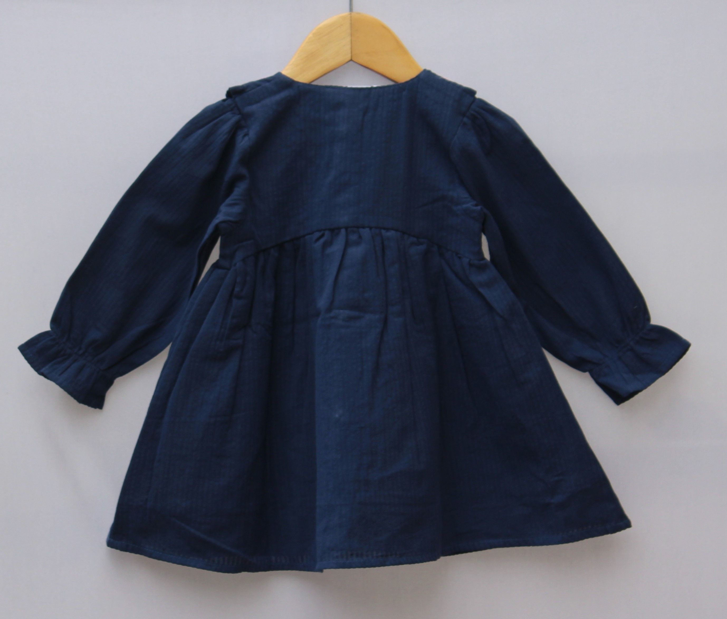 Navy Blue Cotton Frock with Floral Embroidery & Ruffled Collar