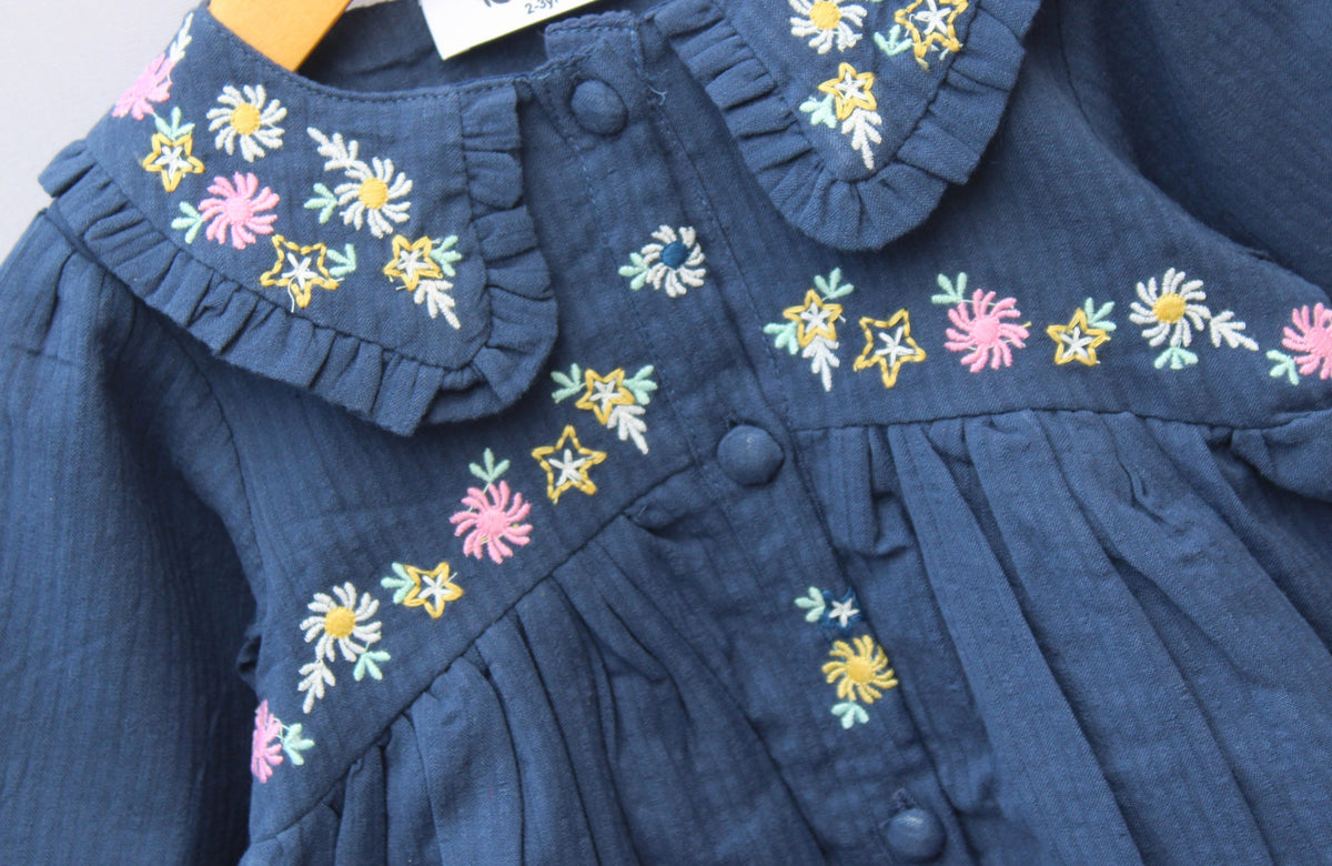 Navy Blue Cotton Frock with Floral Embroidery & Ruffled Collar