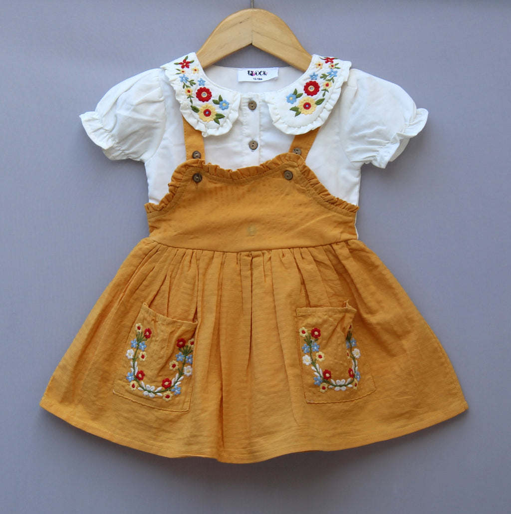 Mustard Embroidered Dungaree Dress.