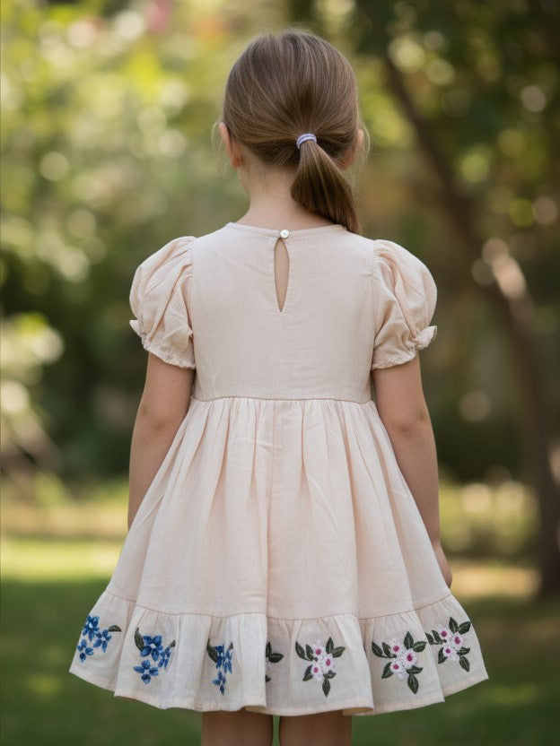 Cream Embroidered Cotton Frock