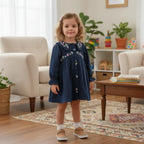 Navy Blue Cotton Frock with Floral Embroidery & Ruffled Collar