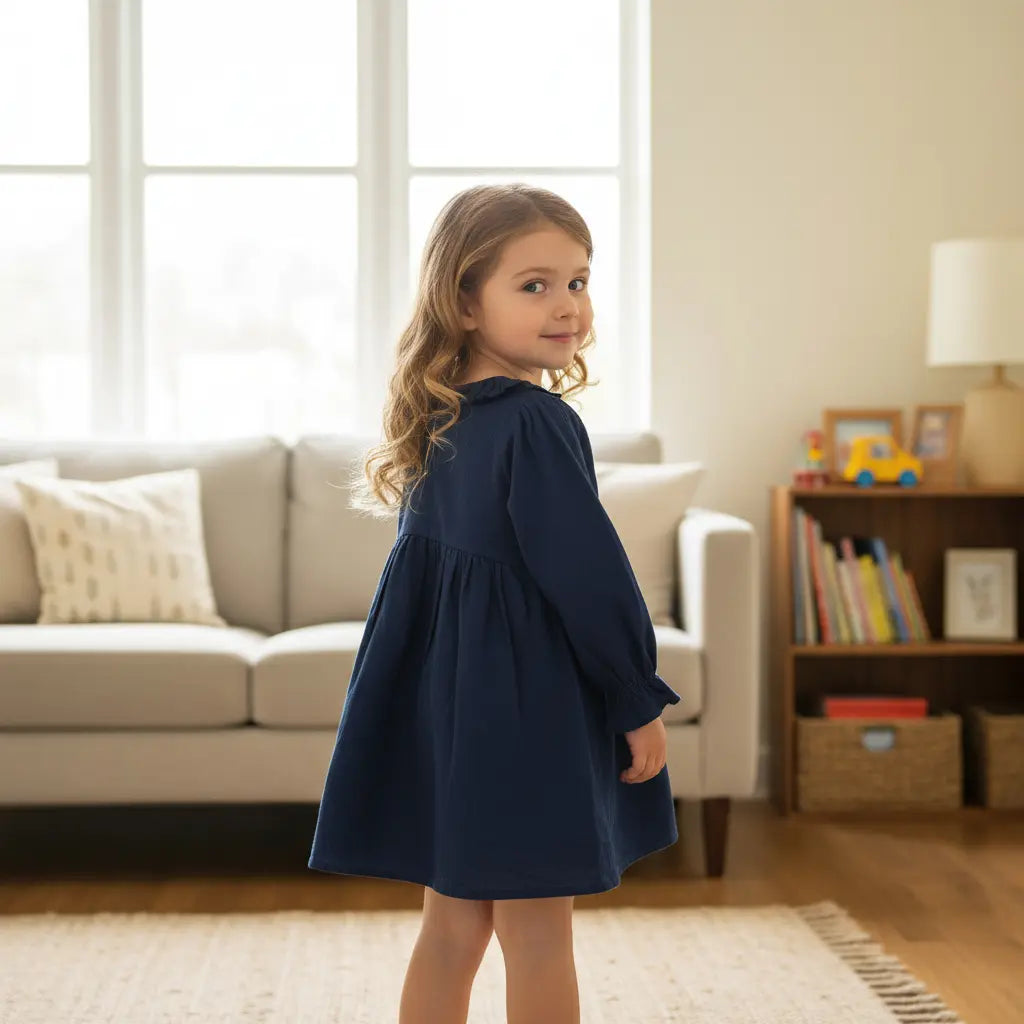 Navy Blue Cotton Frock with Floral Embroidery & Ruffled Collar