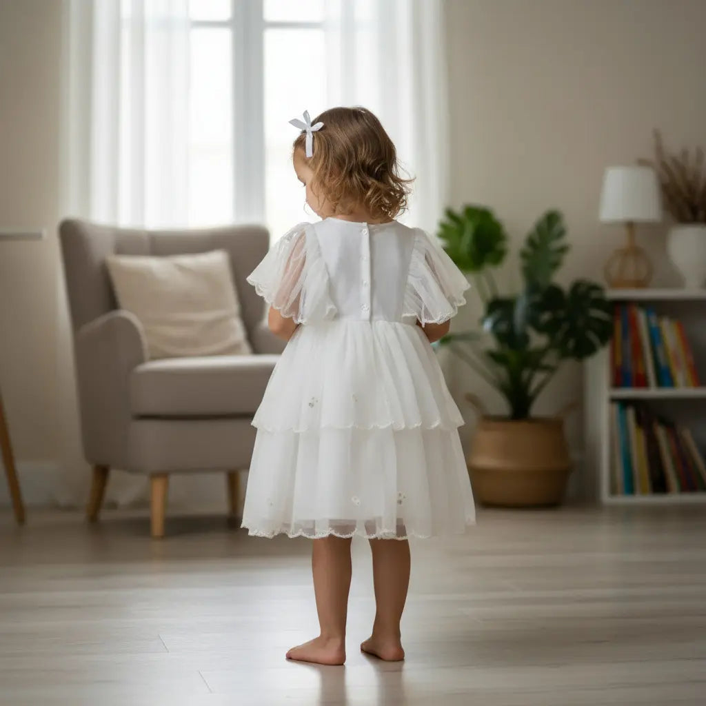 White Layered Net Party Frock for Girls – Floral Embroidered Design