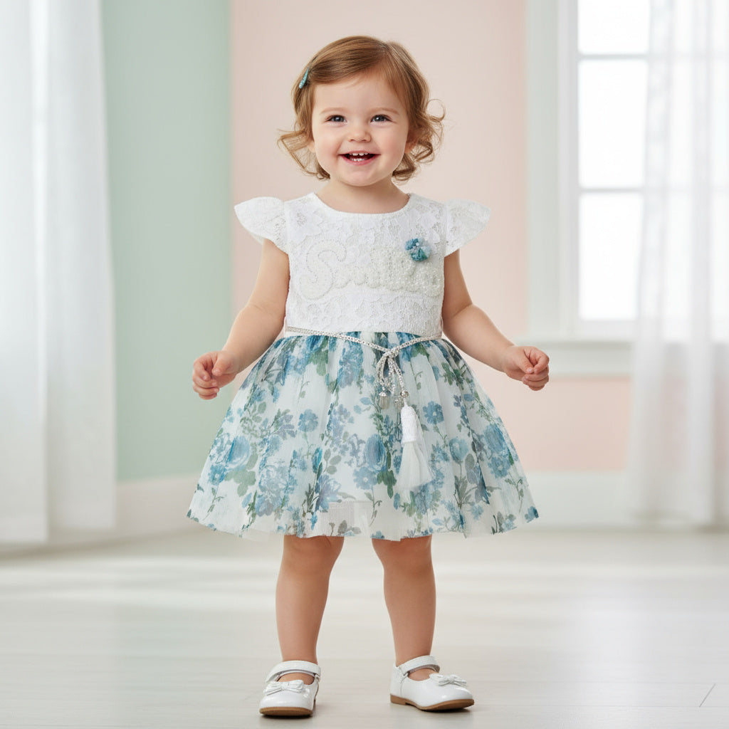 ​White & Blue Floral Lace Party Frock for Girls