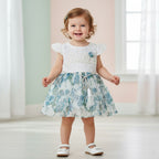 ​White & Blue Floral Lace Party Frock for Girls